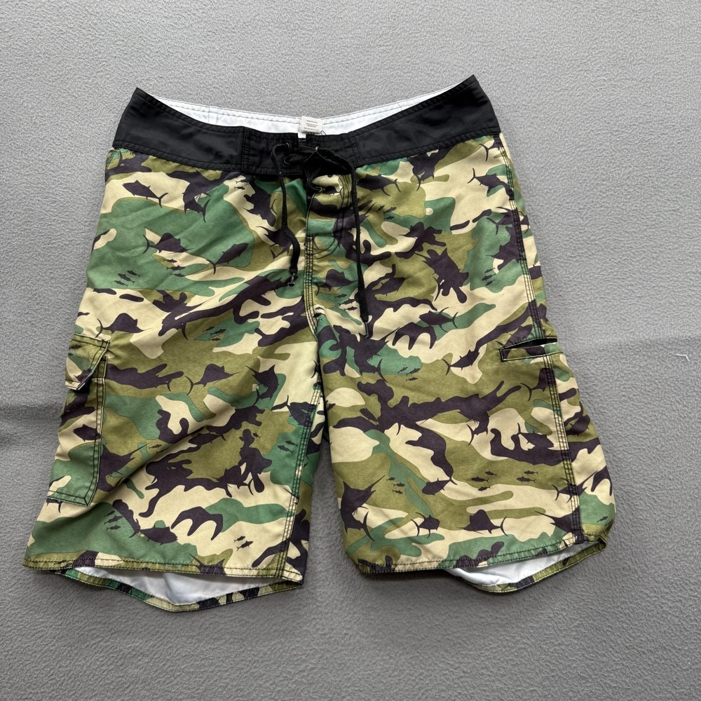 Pelagic Fish Camo Shorts Mens 34 Green Cargo Microfiber Board 10 Inseam Fishing